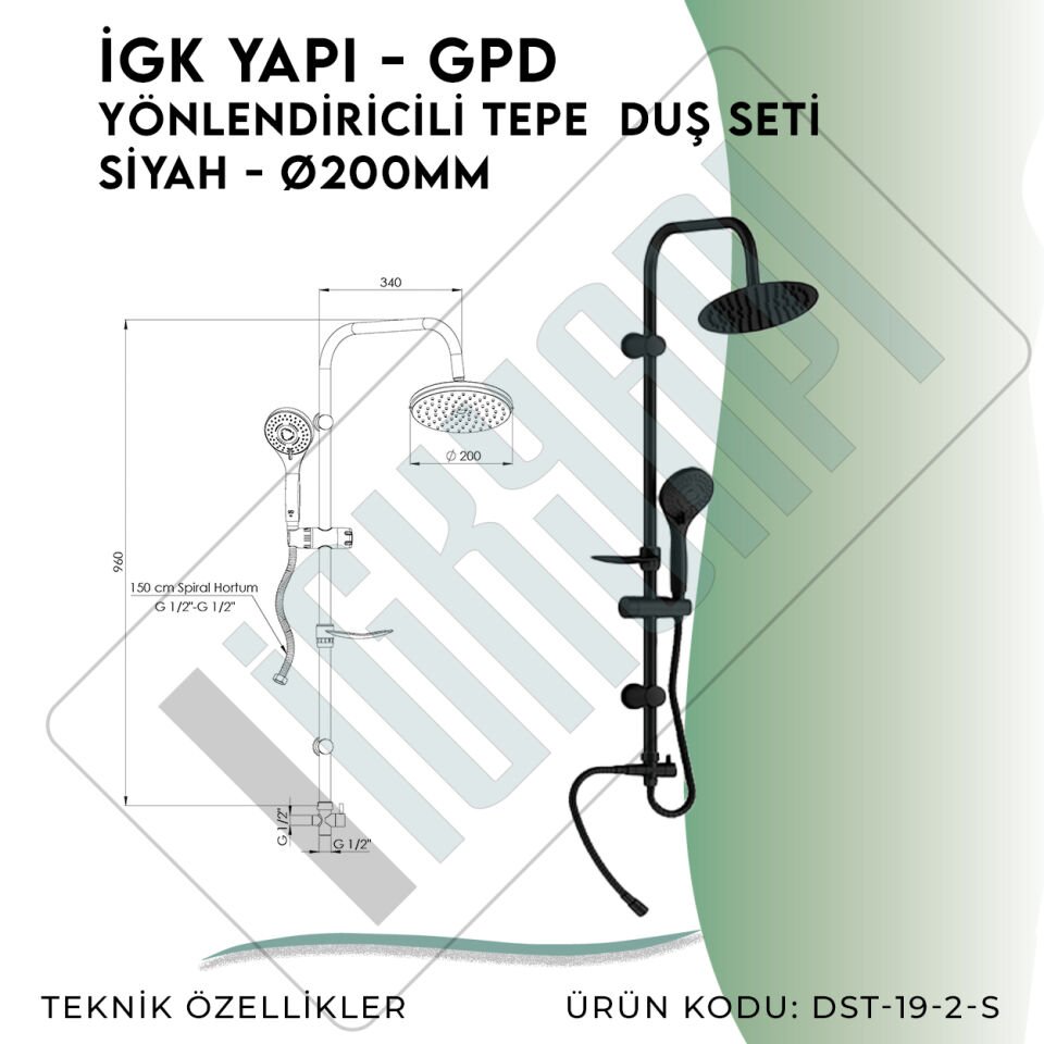 İGK YAPI - GPD Yönlendiricili Duş Seti (3 Fonksiyonlu El Duşu + Ø200)  (DST192S)