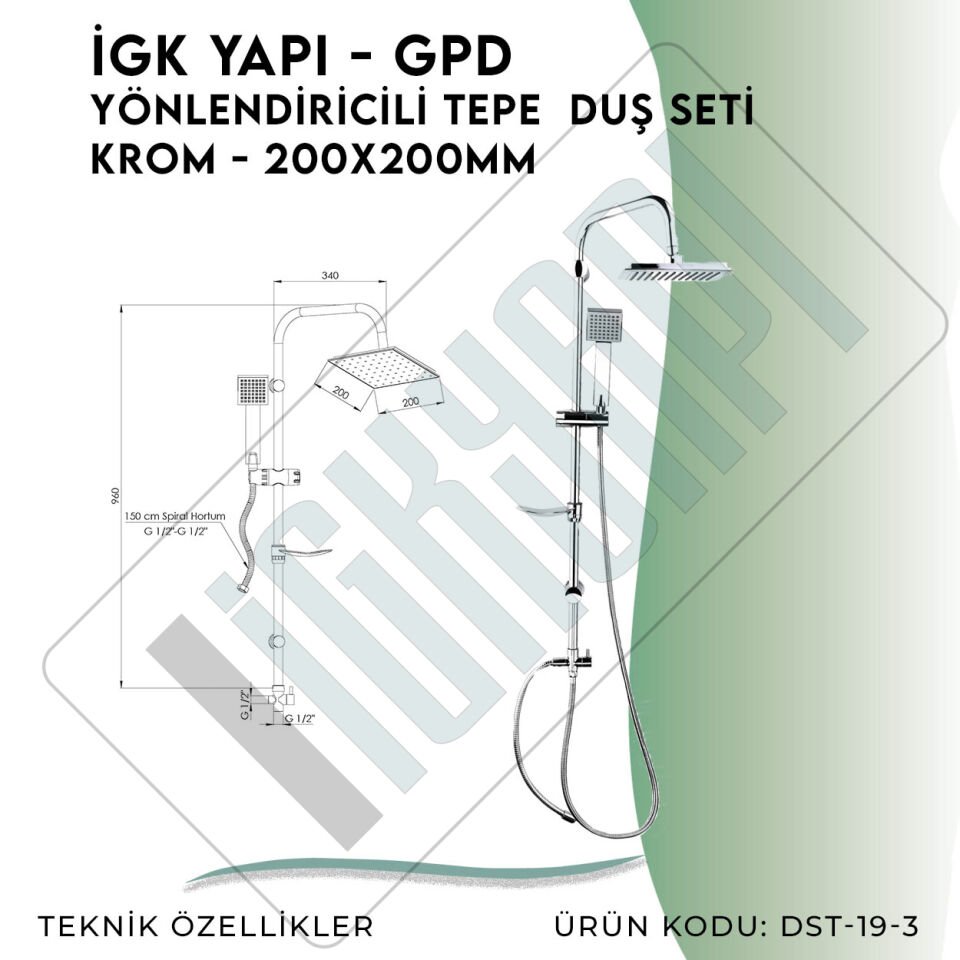 İGK YAPI - GPD Yönlendiricili Duş Seti (Tek Fonksiyonlu El Duşu + 200x200)  (DST193)