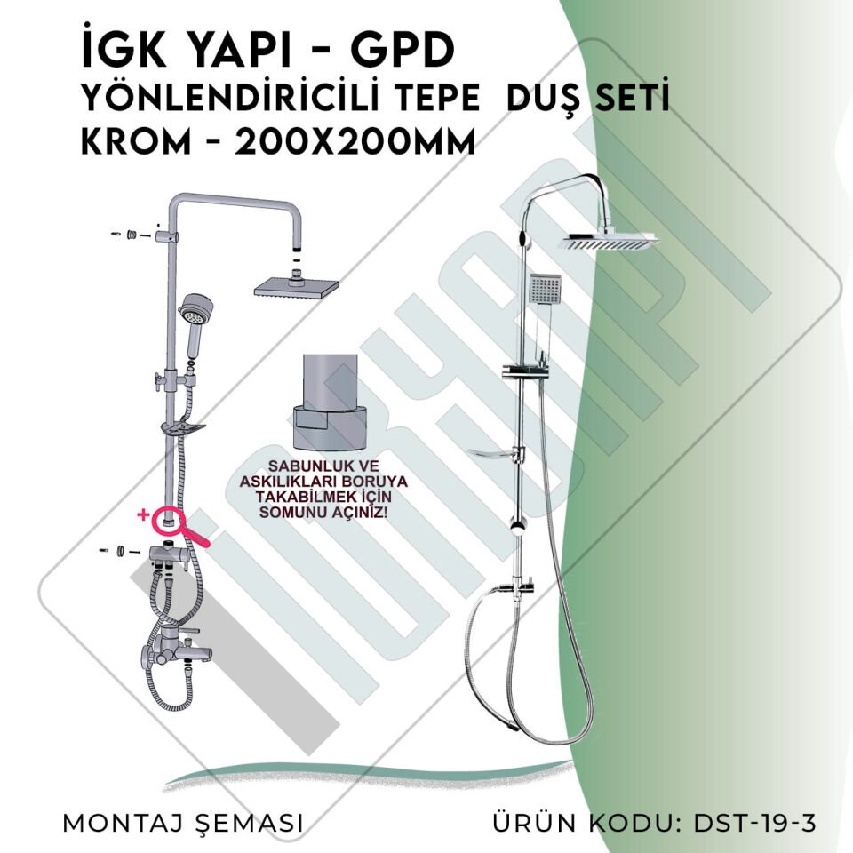 İGK YAPI - GPD Yönlendiricili Duş Seti (Tek Fonksiyonlu El Duşu + 200x200)  (DST193)