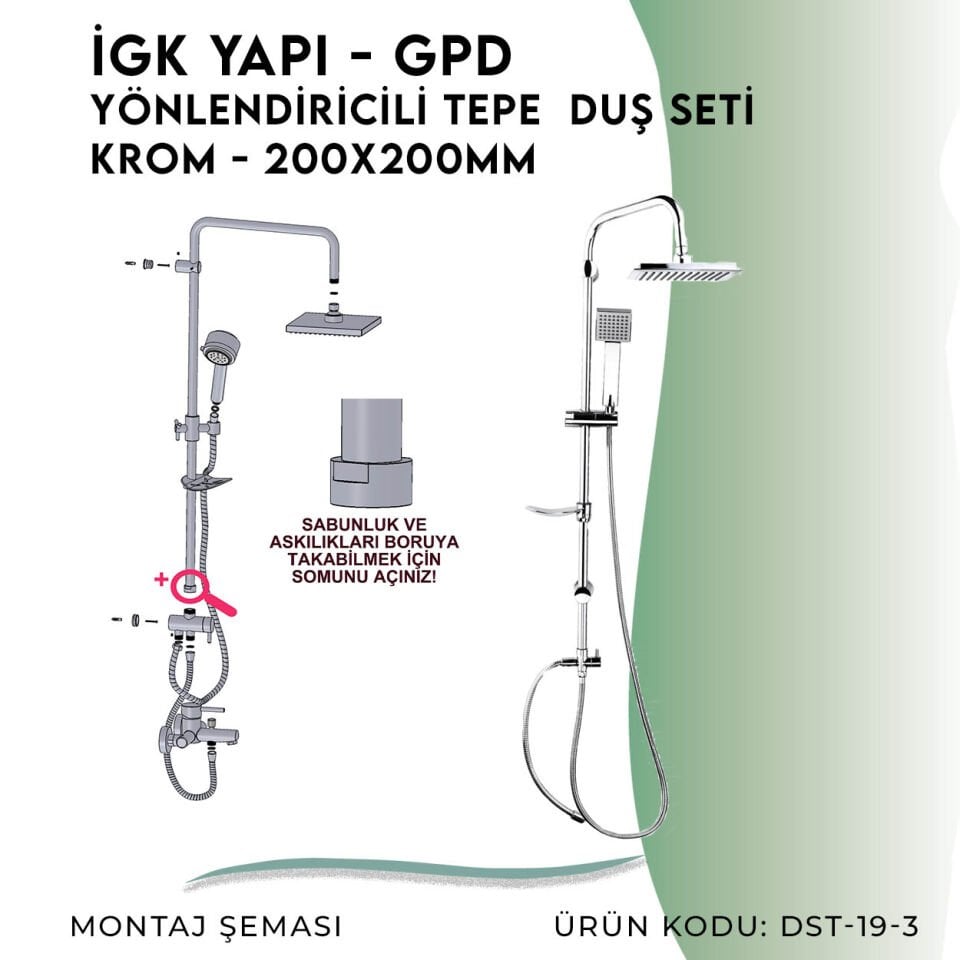 İGK YAPI - GPD Yönlendiricili Duş Seti (Tek Fonksiyonlu El Duşu + 200x200)  (DST193)