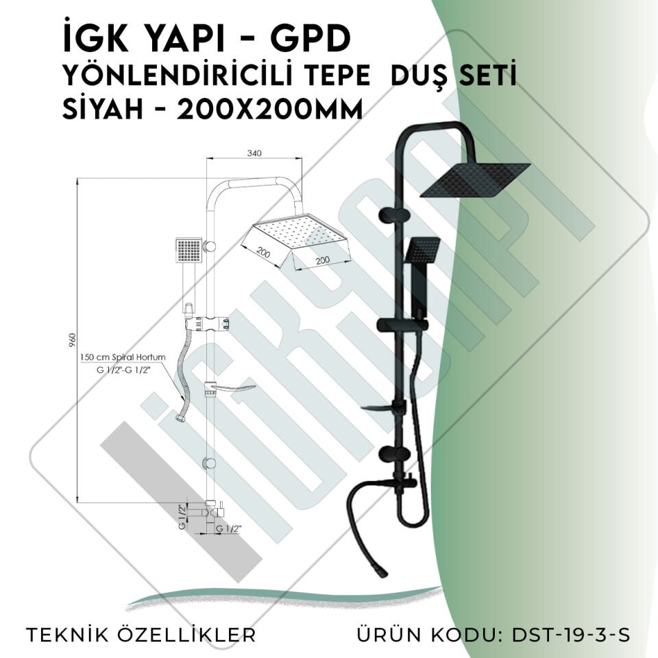 İGK YAPI - GPD Yönlendiricili Duş Seti (Tek Fonksiyonlu El Duşu + 200x200)  (DST193S)