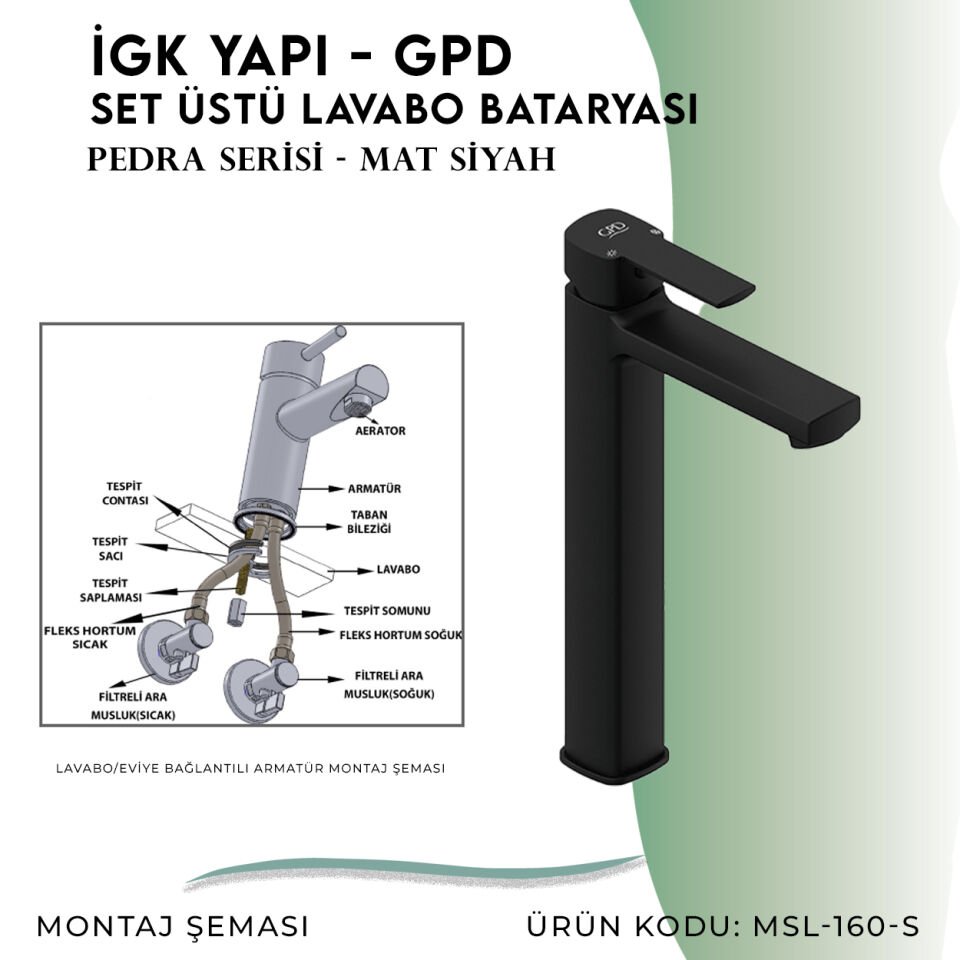 İGK YAPI - GPD S Pedra Set Üstü Lavabo Bataryası  (MSL160-S)