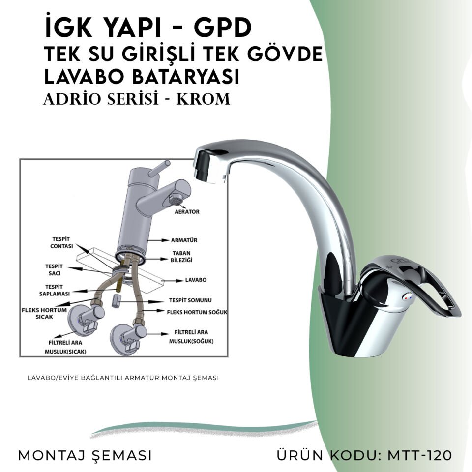İGK YAPI - GPD Adrio Tek Su Girişli Tek Gövde Lavabo Bataryası  (MTT120)