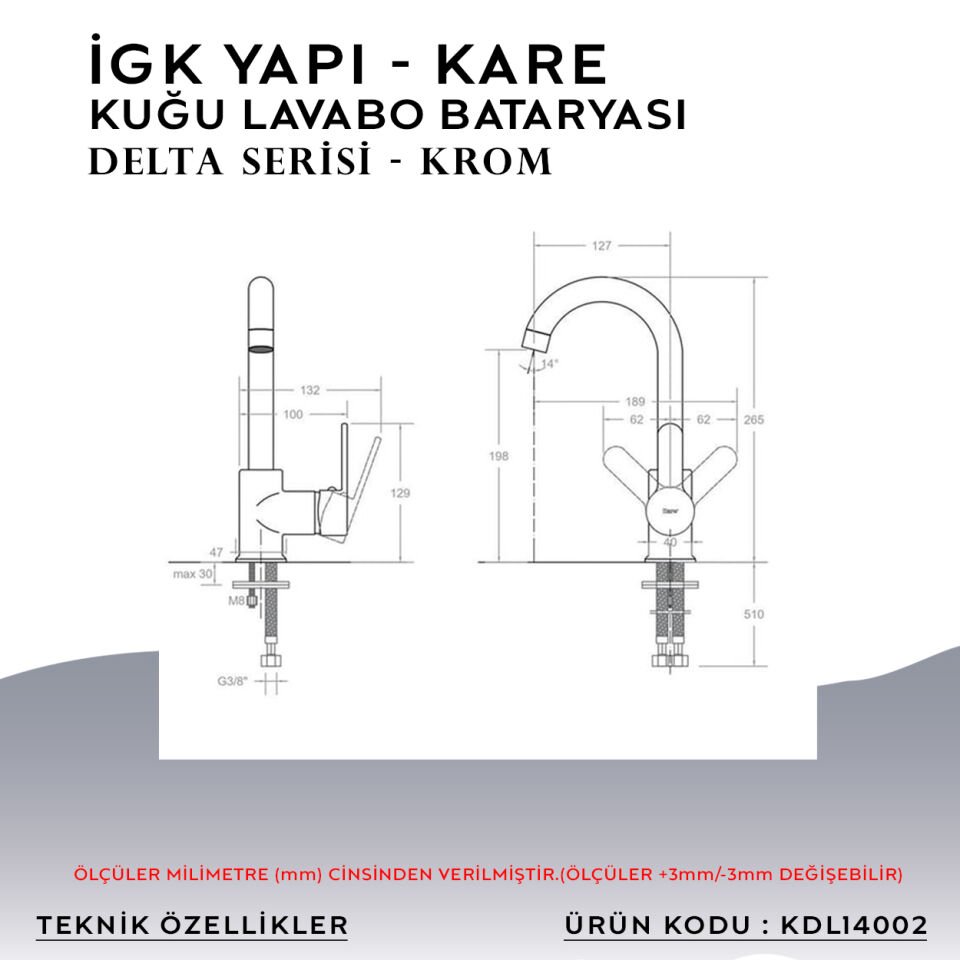 İGK YAPI – KARE KDL14002 Delta Kuğu Lavabo Bataryası