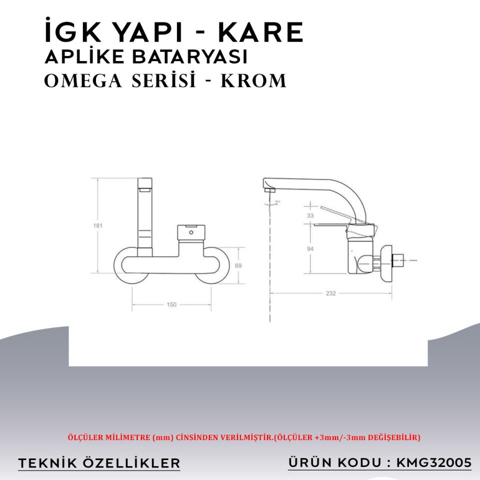 İGK YAPI – KARE KMG32005 Omega Aplike Eviye Bataryası