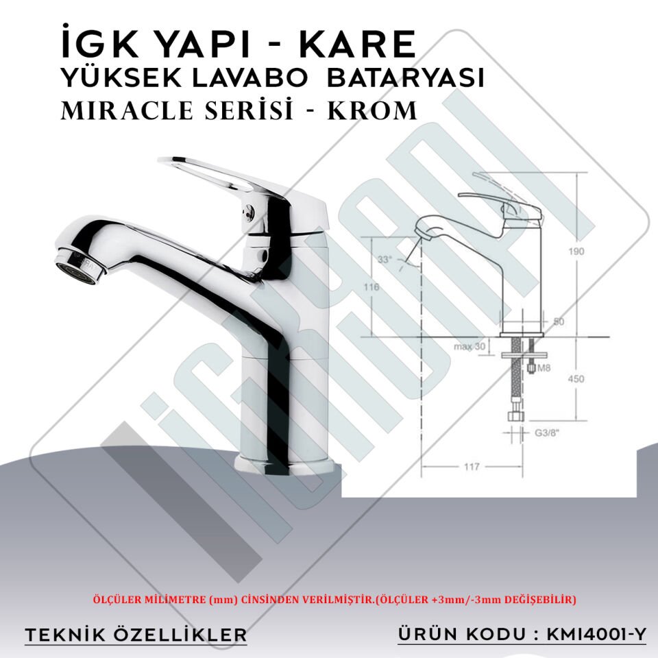 İGK YAPI – KARE KMI4001-Y Miracle Yüksek Lavabo Bataryası