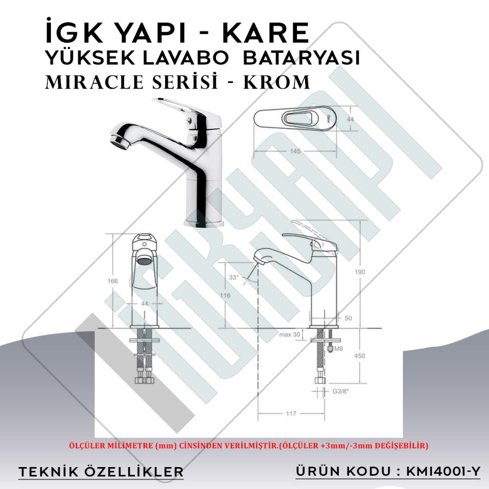 İGK YAPI – KARE KMI4001-Y Miracle Yüksek Lavabo Bataryası
