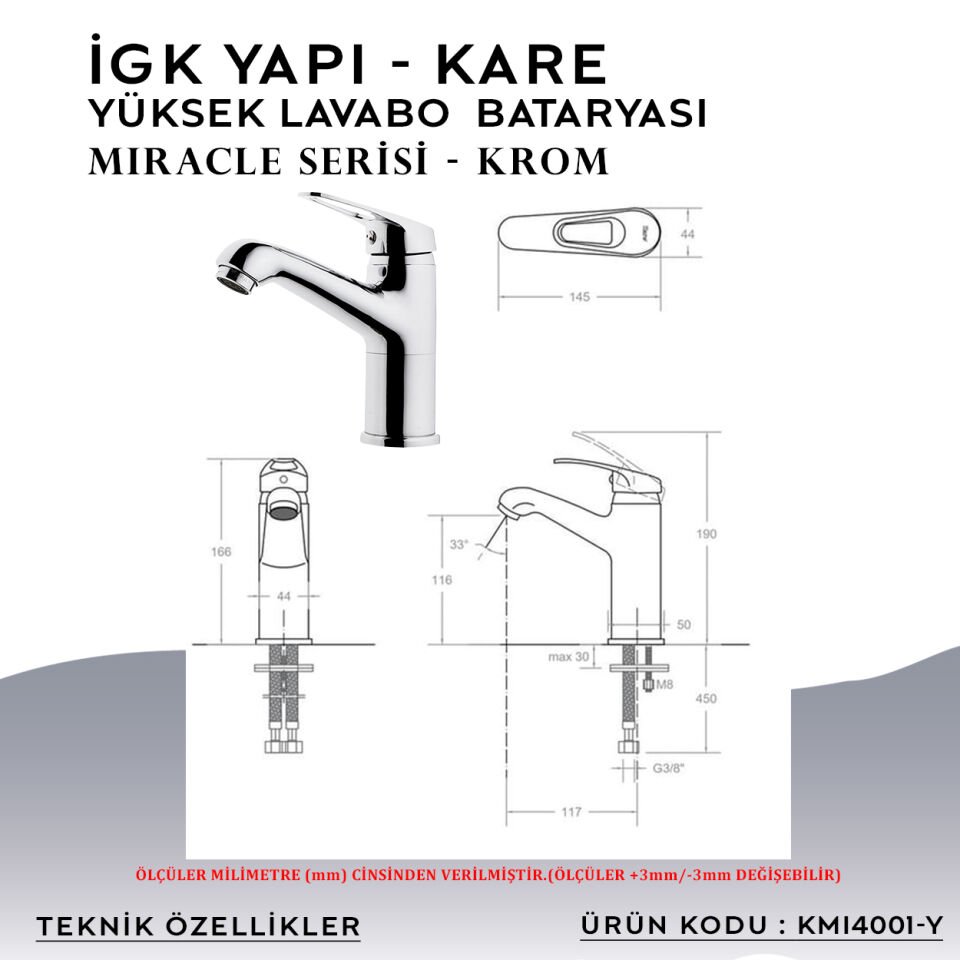 İGK YAPI – KARE KMI4001-Y Miracle Yüksek Lavabo Bataryası