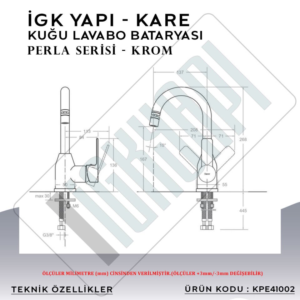 İGK YAPI – KARE KPE41002 Perla Kuğu Lavabo Bataryası