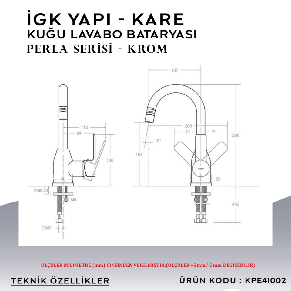 İGK YAPI – KARE KPE41002 Perla Kuğu Lavabo Bataryası