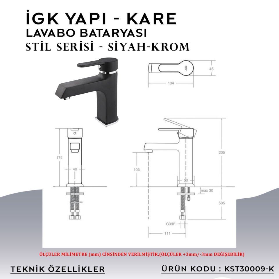 İGK YAPI – KARE KST30009-K Stil Lavabo Bataryası
