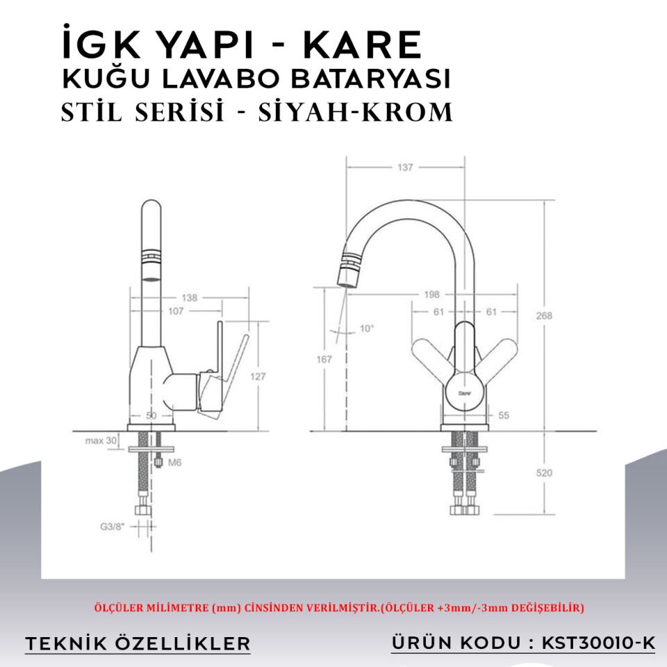 İGK YAPI – KARE KST30010-K Stil Kuğu Lavabo Bataryası