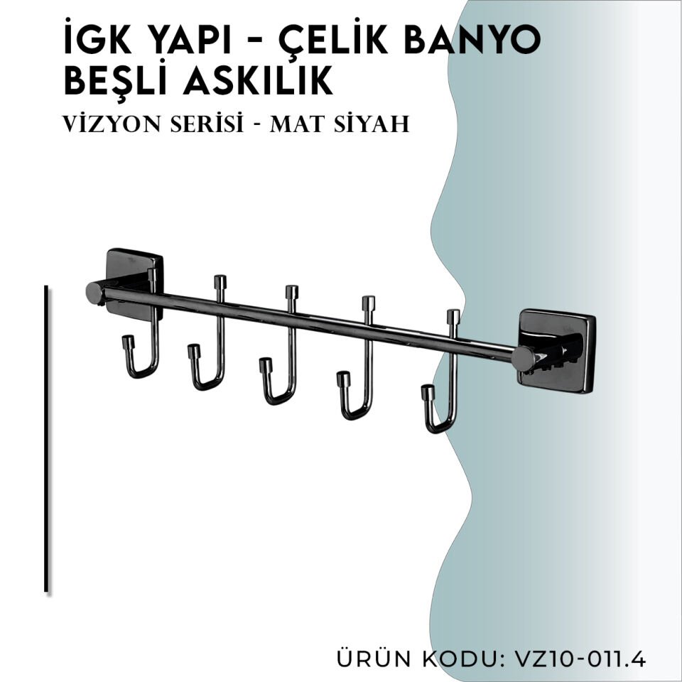 İGK YAPI - Çelik Banyo Vizyon Mat Siyah Beşli Askılık (VZ10-011.4)