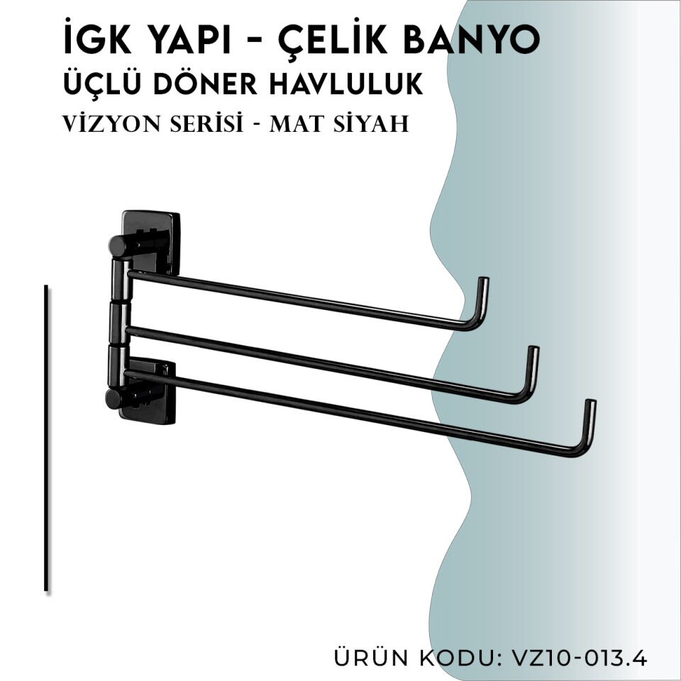 İGK YAPI - Çelik Banyo Vizyon Mat Siyah Üçlü Döner Havluluk (VZ10-013.4)