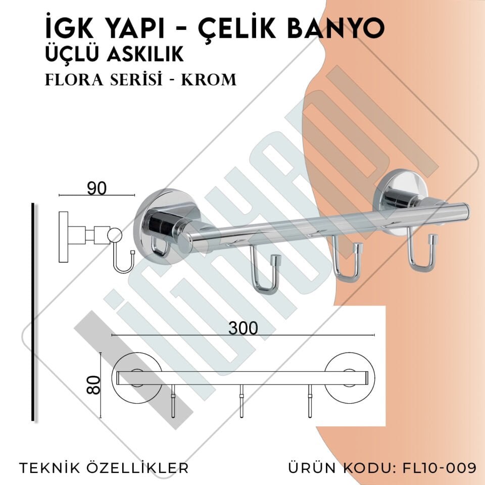 İGK YAPI - Çelik Banyo Flora Üçlü Askılık (FL10-009)
