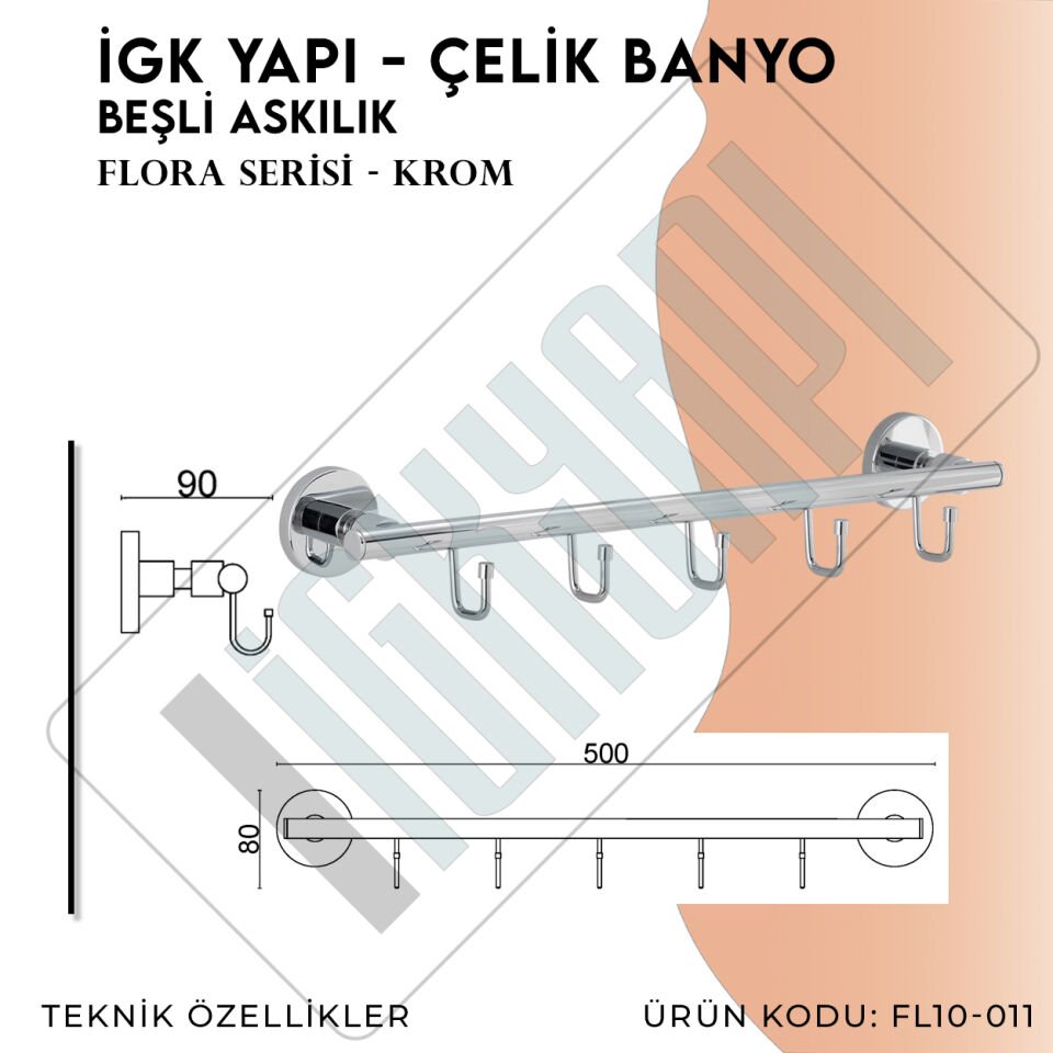 İGK YAPI - Çelik Banyo Flora Beşli Askılık (FL10-011)
