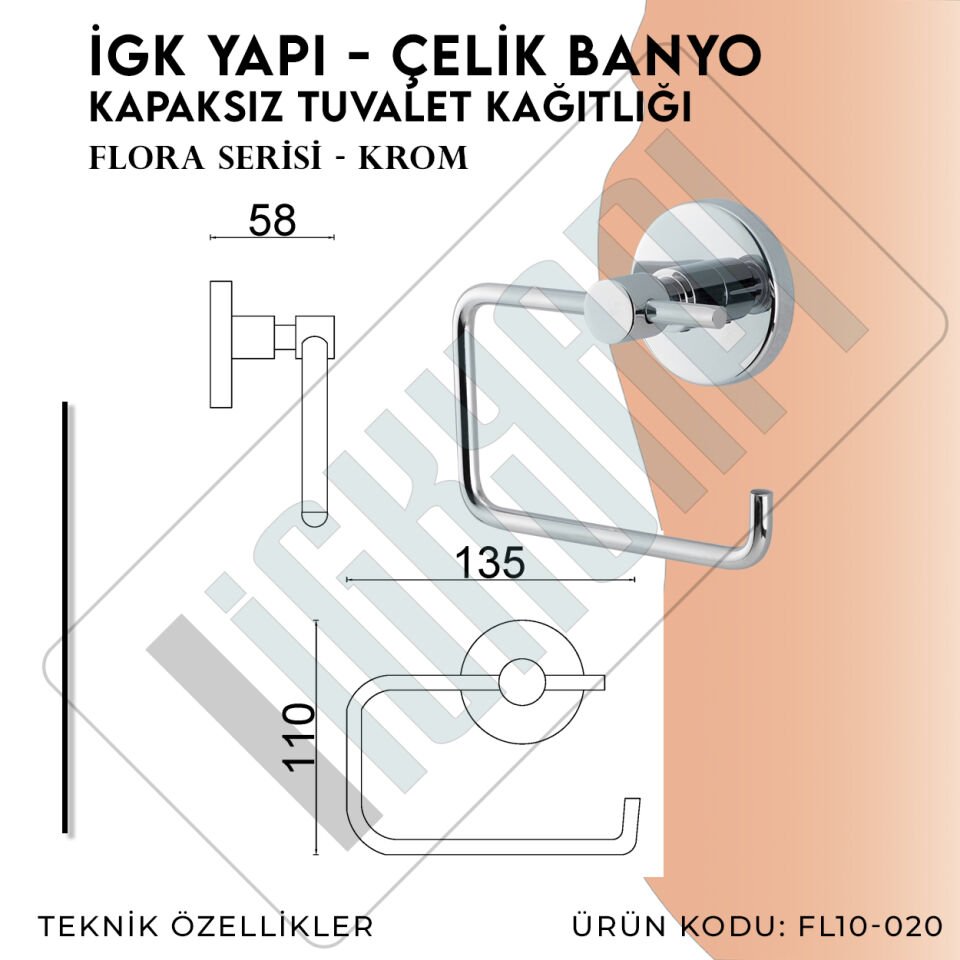 İGK YAPI - Çelik Banyo Flora Açık Tuvalet Kâğıtlığı (FL10-020)