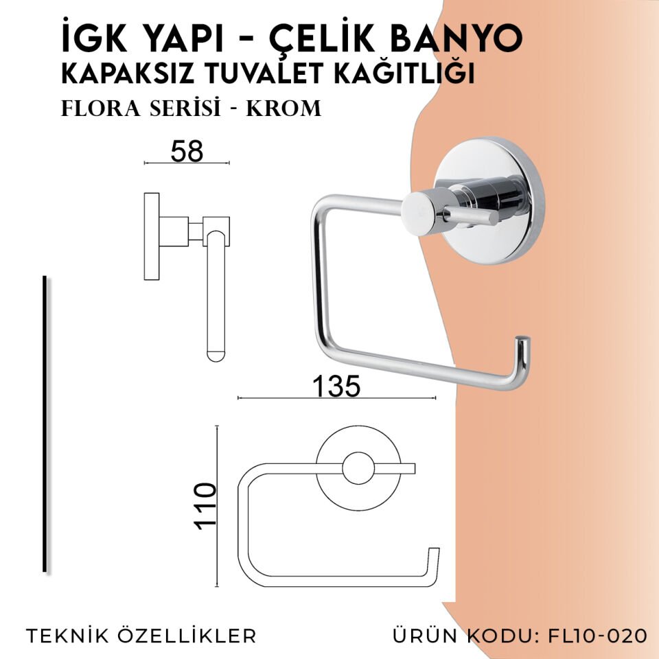 İGK YAPI - Çelik Banyo Flora Açık Tuvalet Kâğıtlığı (FL10-020)