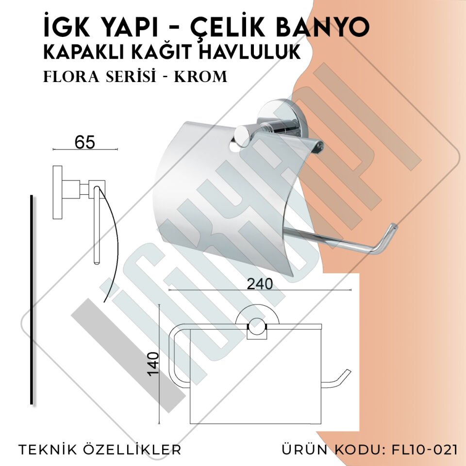 İGK YAPI - Çelik Banyo Flora Geniş Kapaklı Kâğıt Havluluk (FL10-021)