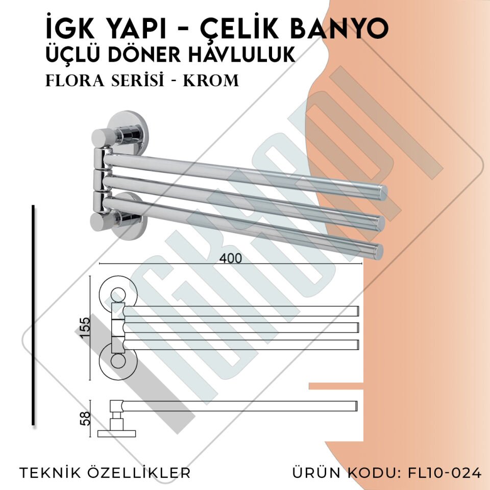İGK YAPI - Çelik Banyo Flora Üçlü Döner Havluluk (FL10-024)