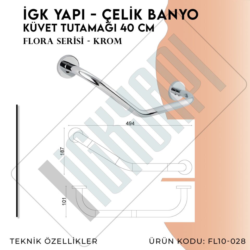 İGK YAPI - Çelik Banyo Flora Küvet Tutamağı 40cm (FL10-028)