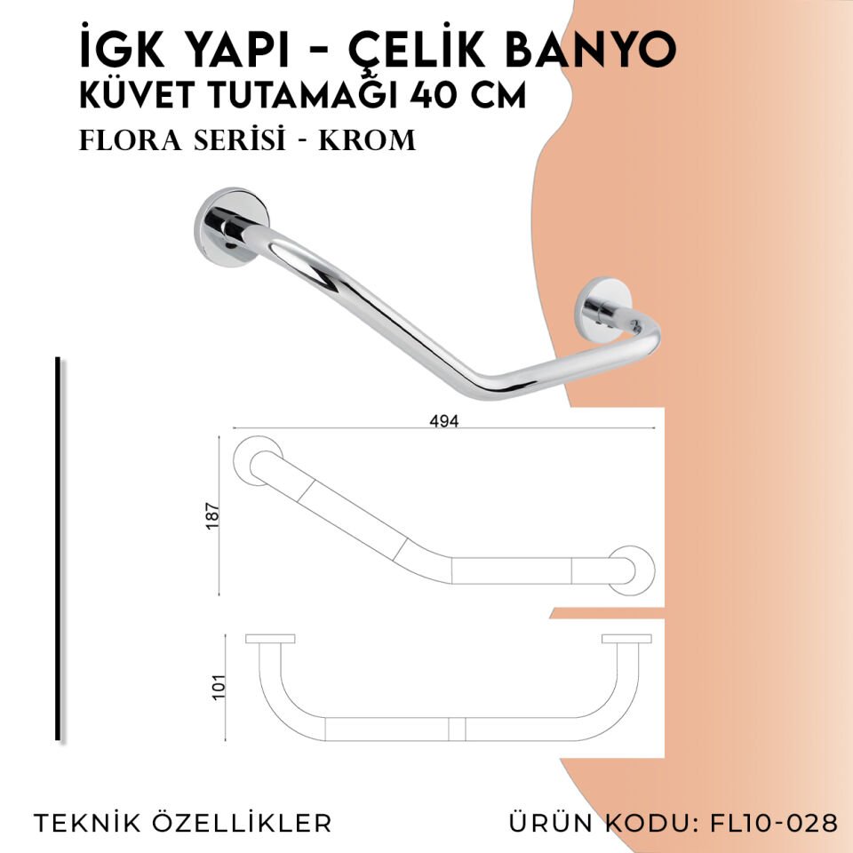İGK YAPI - Çelik Banyo Flora Küvet Tutamağı 40cm (FL10-028)