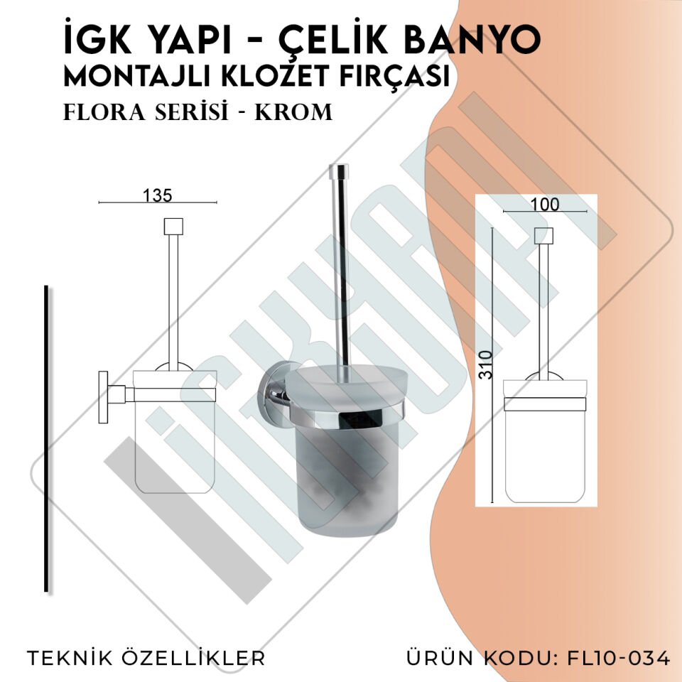 İGK YAPI - Çelik Banyo Flora Montajlı Klozet Fırçası (FL10-034)