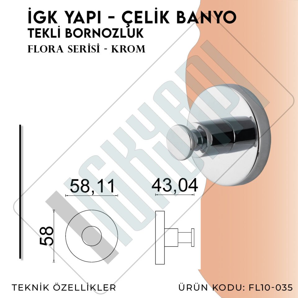 İGK YAPI - Çelik Banyo Flora Tekli Bornozluk (FL10-035)