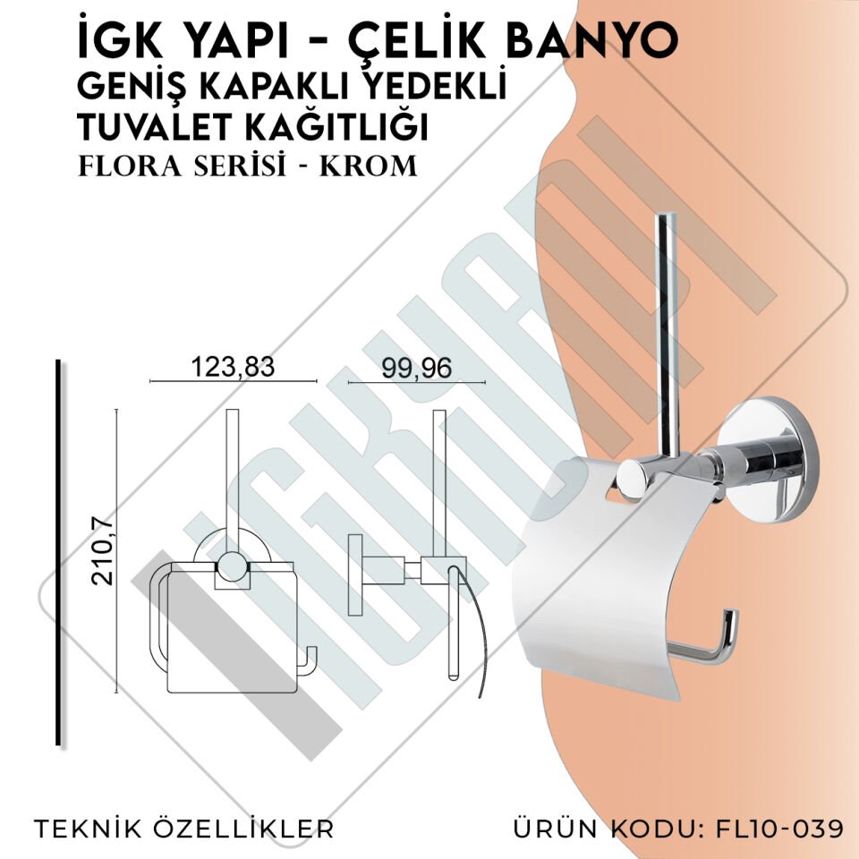 İGK YAPI - Çelik Banyo Flora Yedekli Geniş Kapaklı Tuvalet Kâğıtlığı (FL10-039)