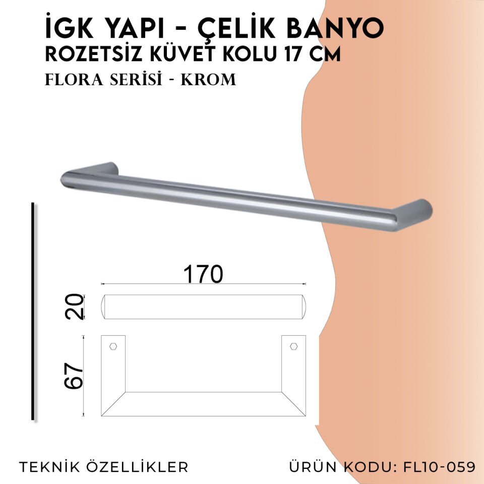 İGK YAPI - Çelik Banyo Flora Rozetsiz Küvet Kolu 17cm (FL10-059)