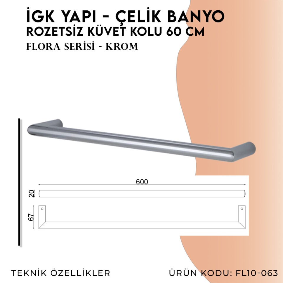 İGK YAPI - Çelik Banyo Flora Rozetsiz Küvet Kolu 60cm (FL10-063)