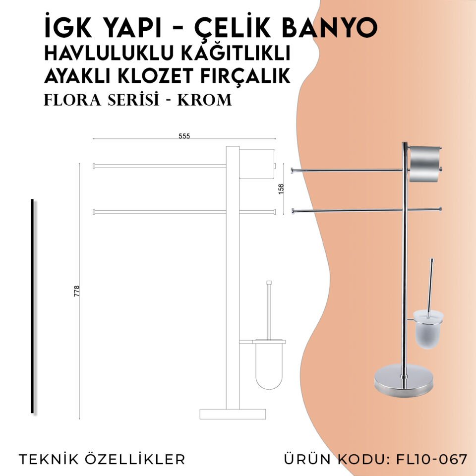İGK YAPI - Çelik Banyo Flora Ayaklı Havluluk-Tuvalet Kağıtlığı-Klozet Fırçalık (FL10-067)