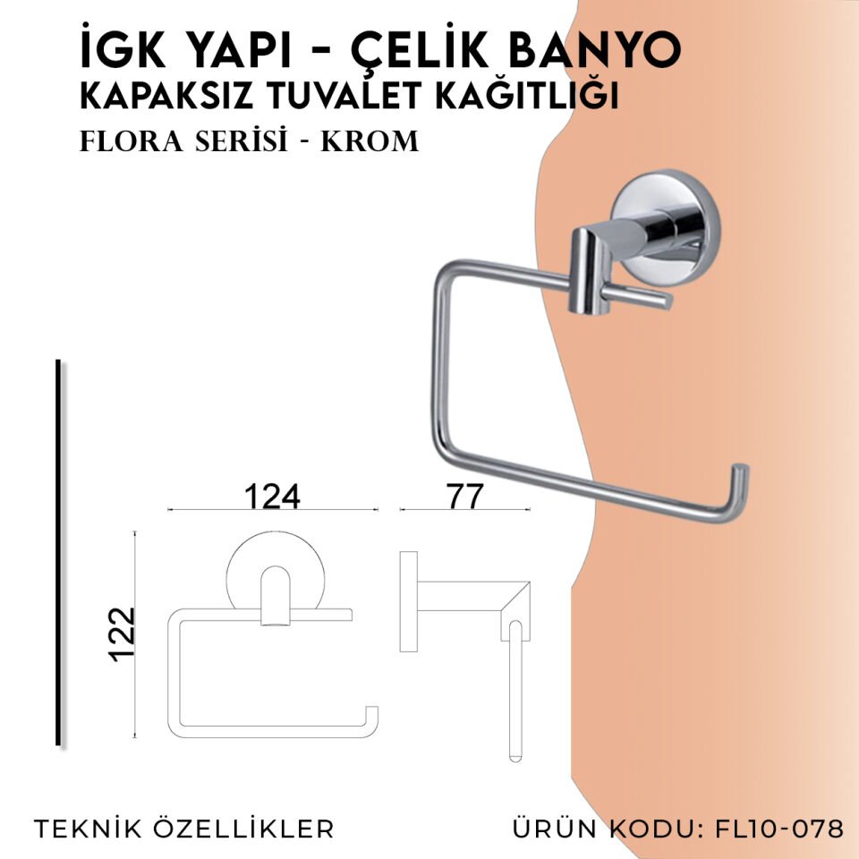 İGK YAPI - Çelik Banyo Flora Kapaksız Açık Tuvalet Kâğıtlığı (FL10-078)