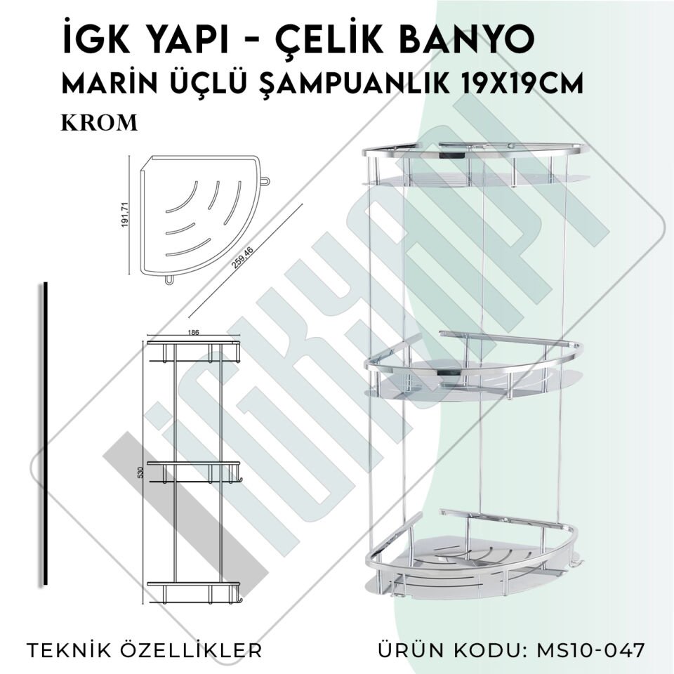İGK YAPI - Çelik Banyo Marin Üçlü Şampuanlık 19x19cm (MS10-047)