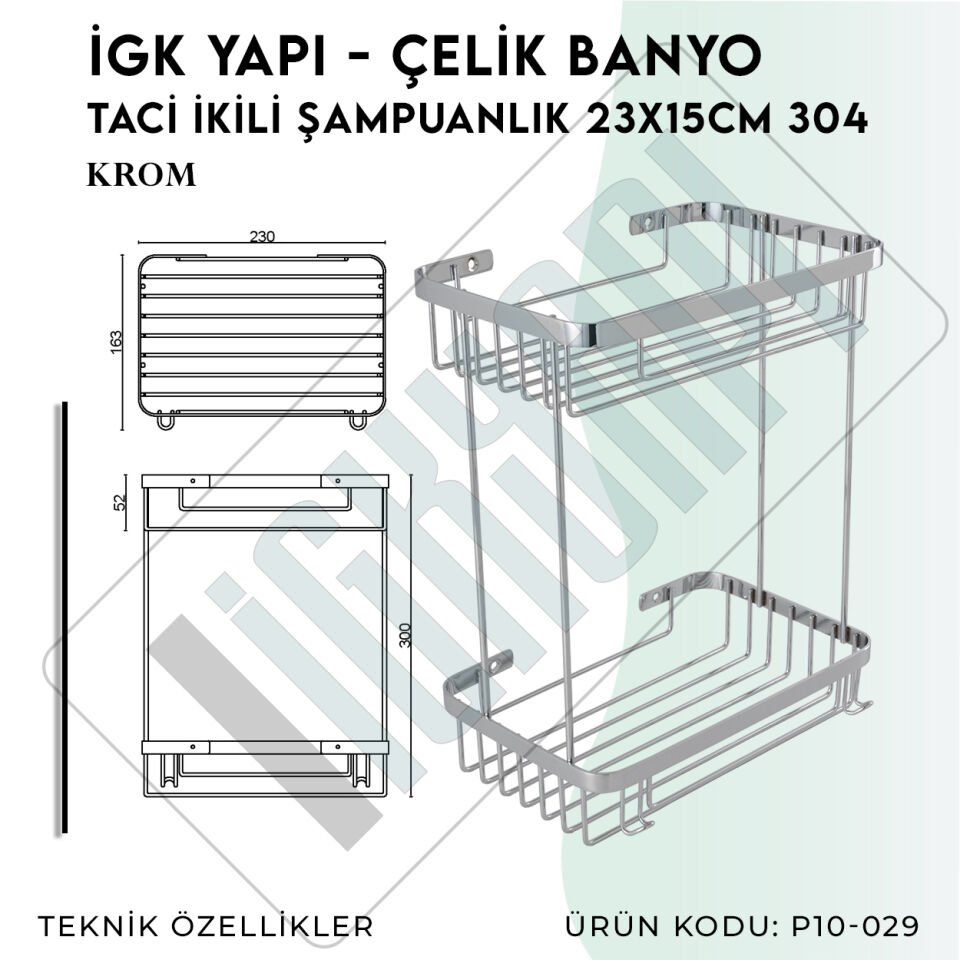 İGK YAPI - Çelik Banyo Taci İkili Şampuanlık 23x15cm 304 (P10-029)