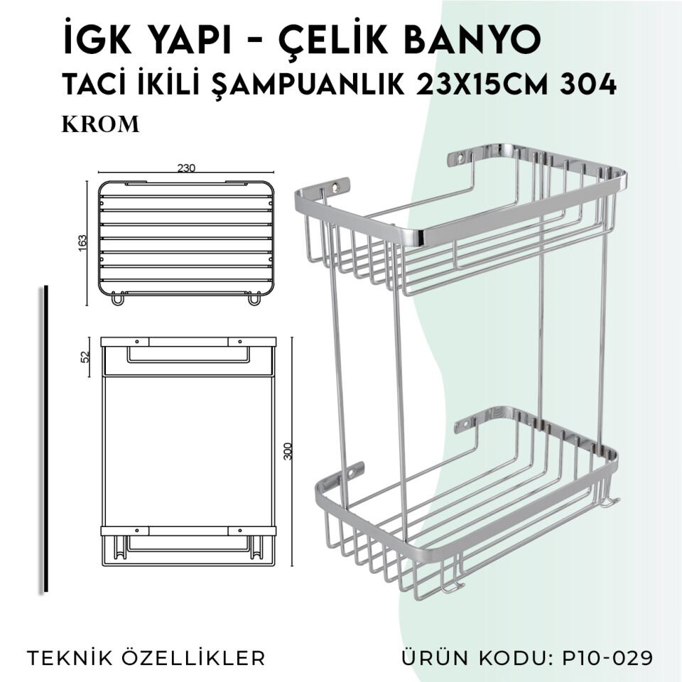 İGK YAPI - Çelik Banyo Taci İkili Şampuanlık 23x15cm 304 (P10-029)