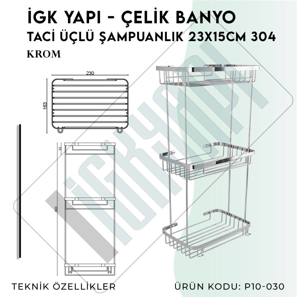 İGK YAPI - Çelik Banyo Taci Üçlü Şampuanlık 23x15cm 304 (P10-030)