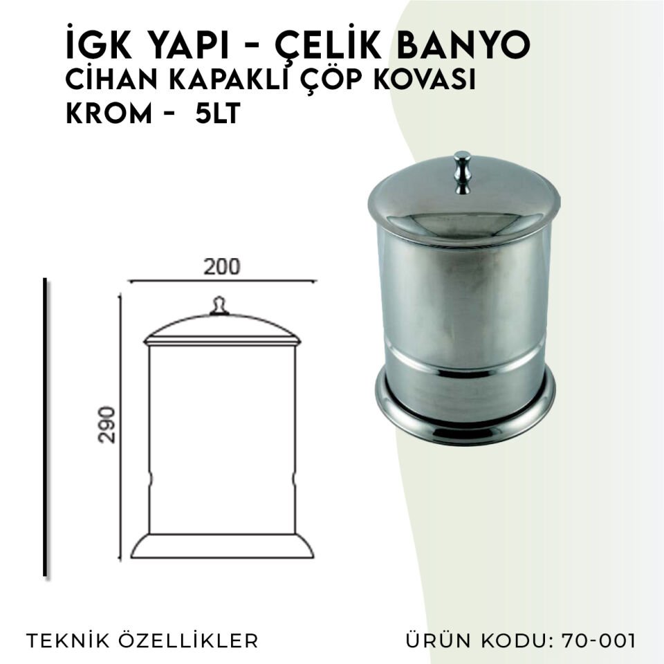 İGK YAPI - Çelik Banyo Cihan Çöp Kovası Krom (70-007)