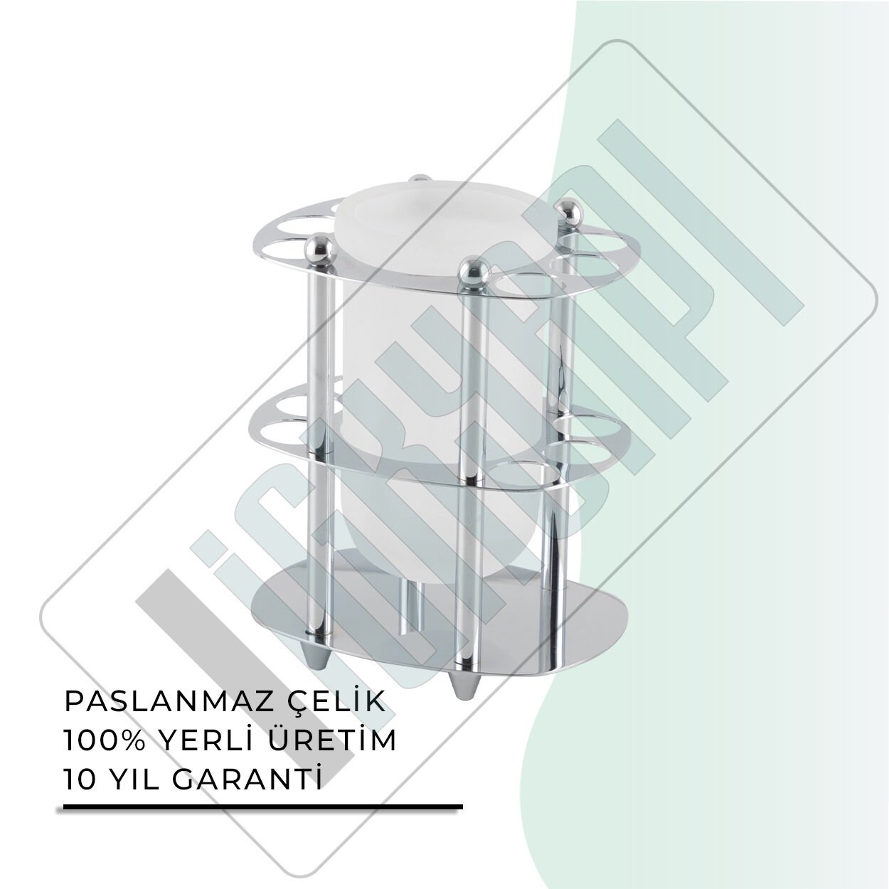 İGK YAPI - Çelik Banyo Desen Metal Set Üstü Camlı Bardaklı Fırçalık (50-026)