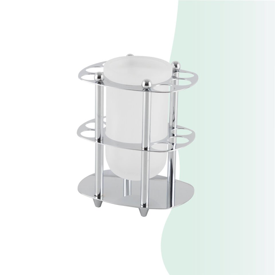 İGK YAPI - Çelik Banyo Desen Metal Set Üstü Camlı Bardaklı Fırçalık (50-026)
