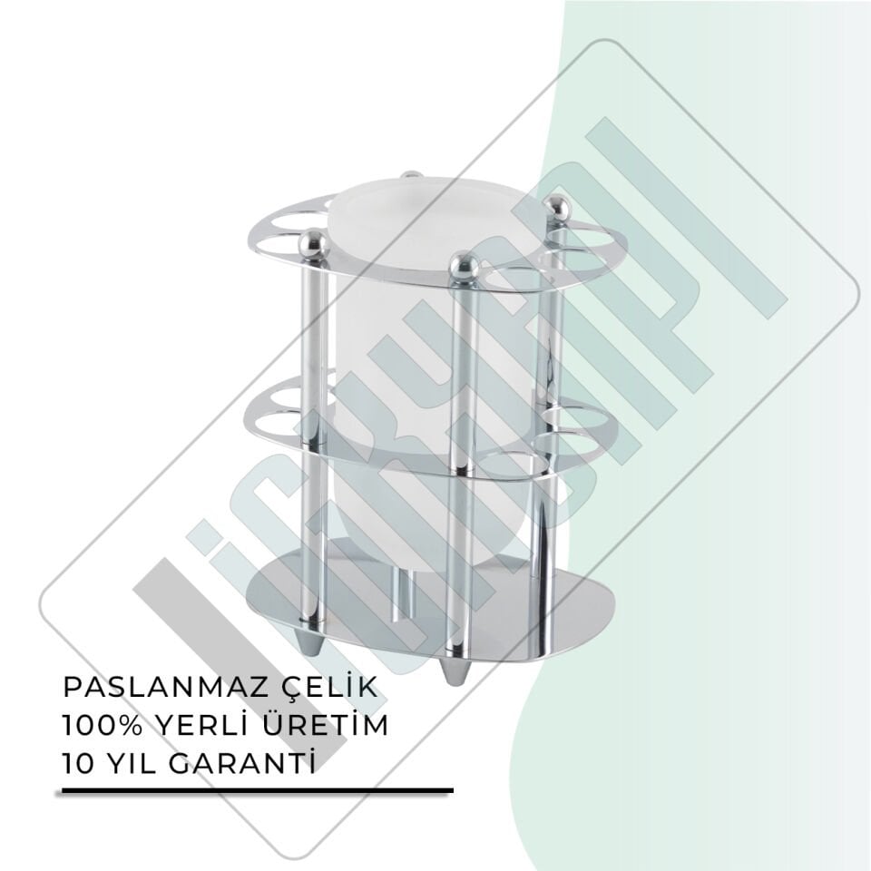 İGK YAPI - Çelik Banyo Desen Metal Set Üstü Camlı Bardaklı Fırçalık (50-026)