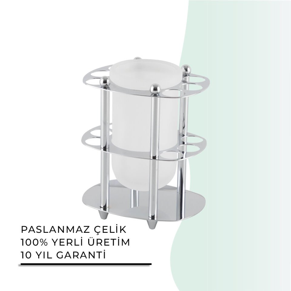 İGK YAPI - Çelik Banyo Desen Metal Set Üstü Camlı Bardaklı Fırçalık (50-026)