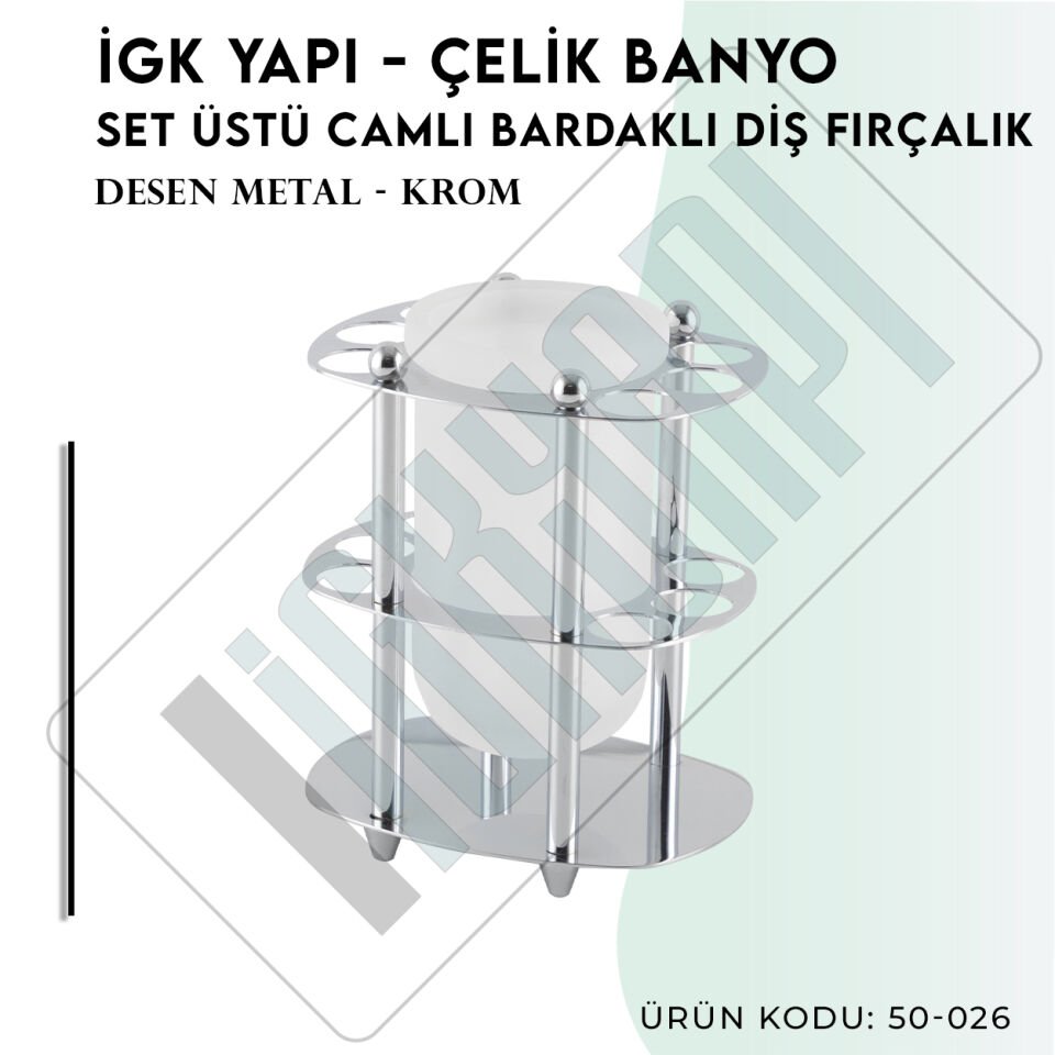 İGK YAPI - Çelik Banyo Desen Metal Set Üstü Camlı Bardaklı Fırçalık (50-026)