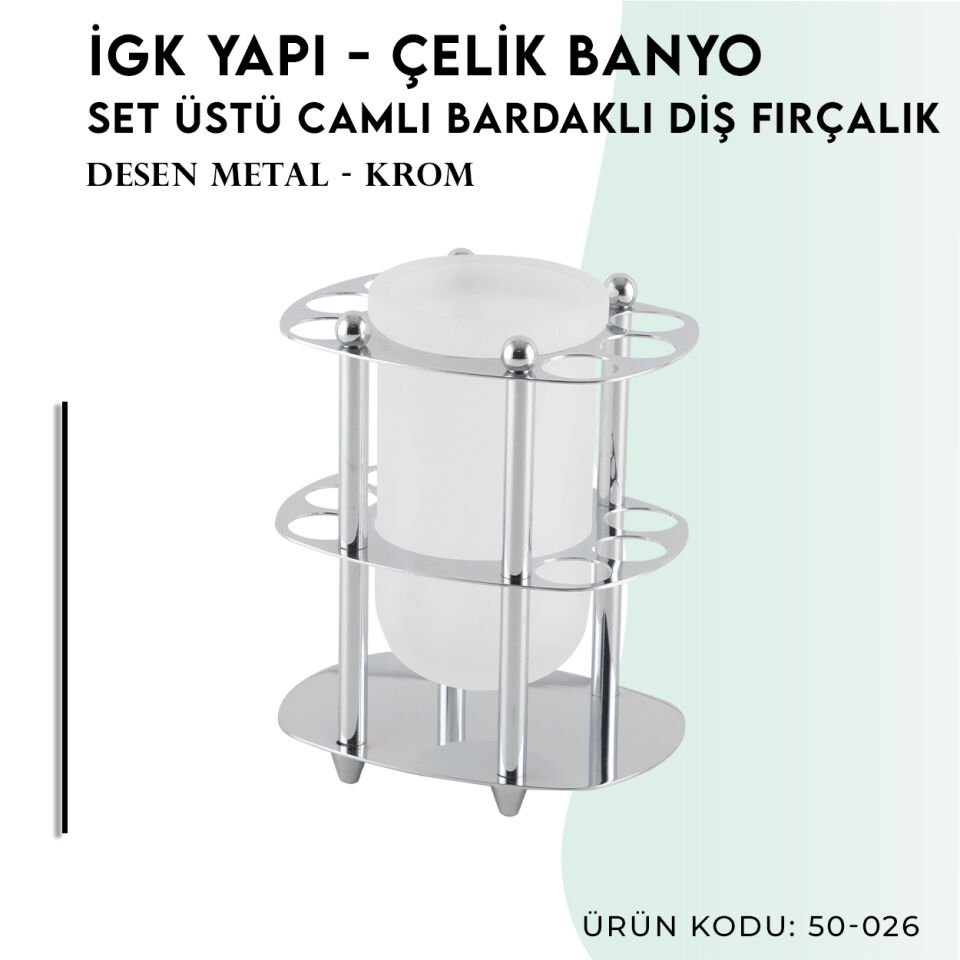 İGK YAPI - Çelik Banyo Desen Metal Set Üstü Camlı Bardaklı Fırçalık (50-026)