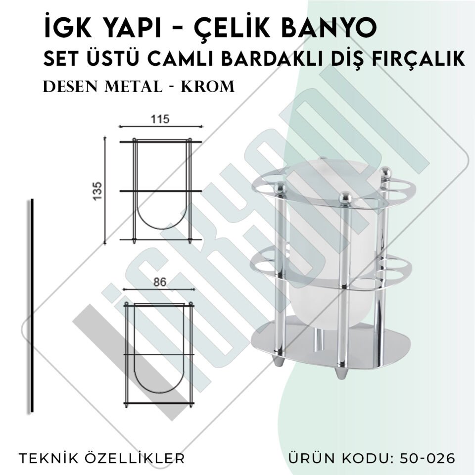 İGK YAPI - Çelik Banyo Desen Metal Set Üstü Camlı Bardaklı Fırçalık (50-026)