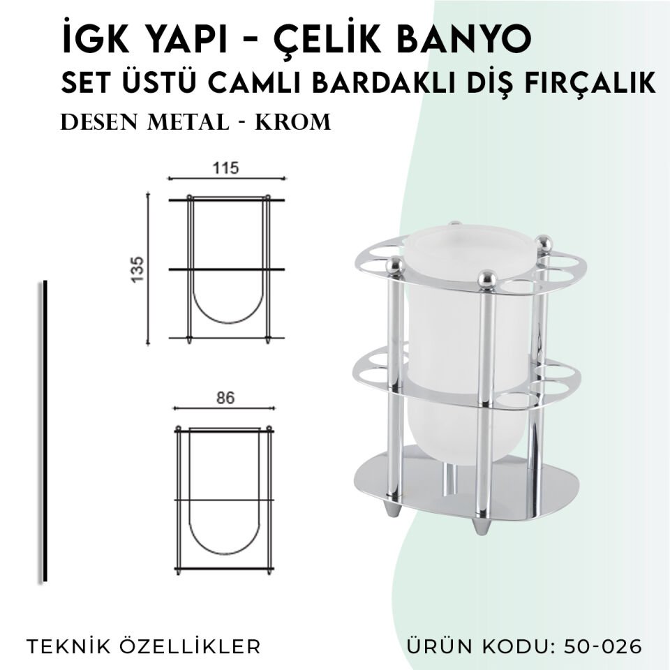 İGK YAPI - Çelik Banyo Desen Metal Set Üstü Camlı Bardaklı Fırçalık (50-026)