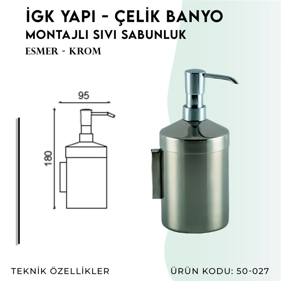 İGK YAPI - Çelik Banyo Krom Montajlı Sıvı Sabunluk (50-027)