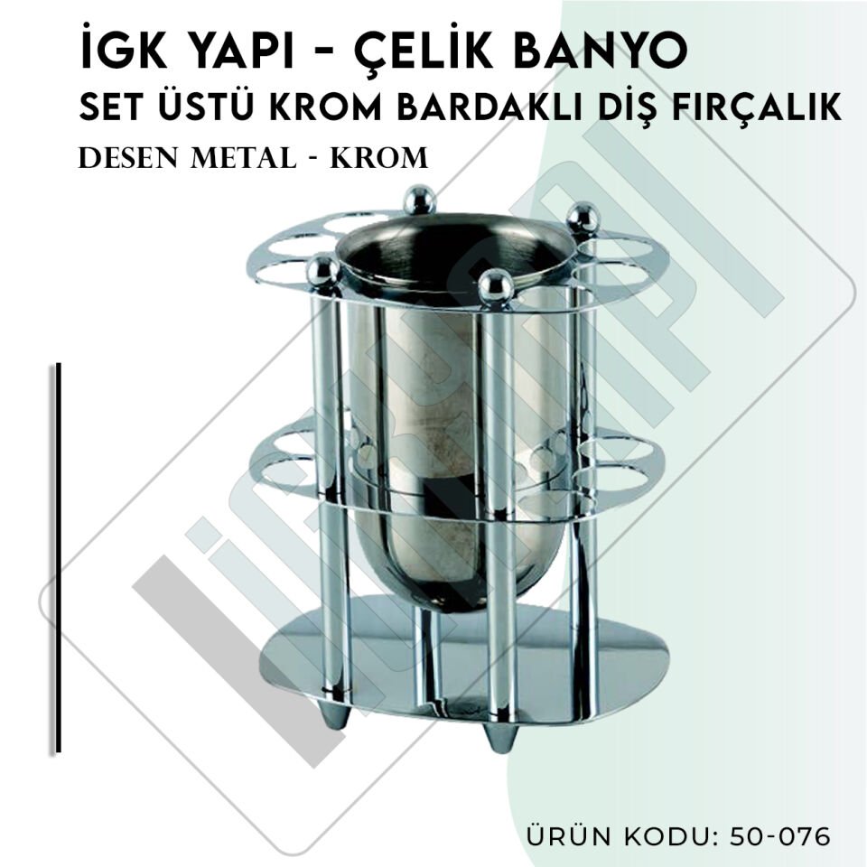 İGK YAPI - Çelik Banyo Desen Metal Set Üstü Krom Bardaklı Fırçalık (50-076)