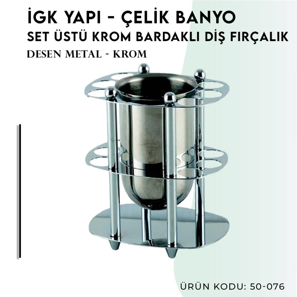 İGK YAPI - Çelik Banyo Desen Metal Set Üstü Krom Bardaklı Fırçalık (50-076)