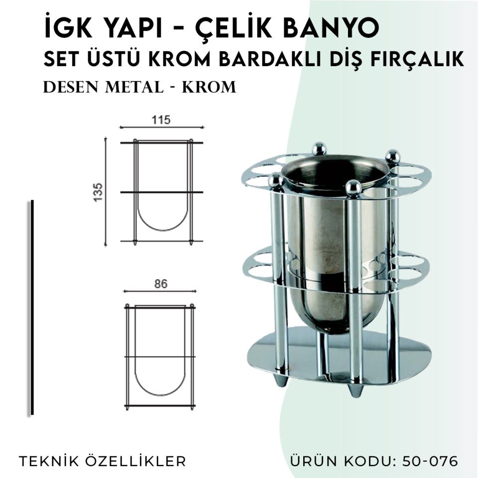 İGK YAPI - Çelik Banyo Desen Metal Set Üstü Krom Bardaklı Fırçalık (50-076)